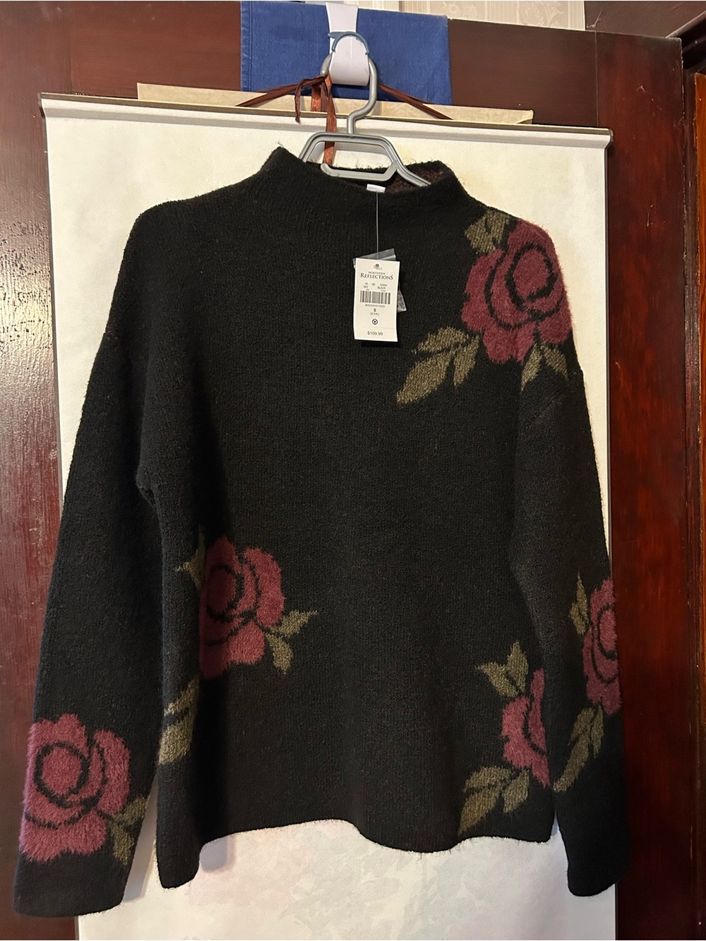 Northern Reflections Black Sweater with Rose Floral Accents, Small
